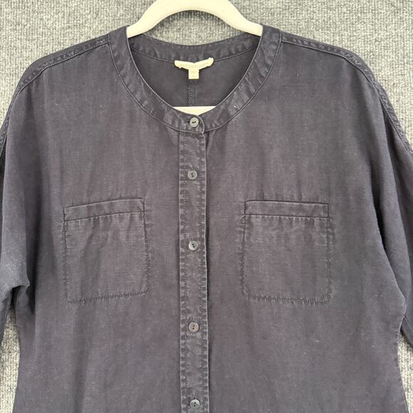 Eileen Fisher Organic Linen Shift Dress Womens Small Navy Button Front Minimal - Picture 2 of 14